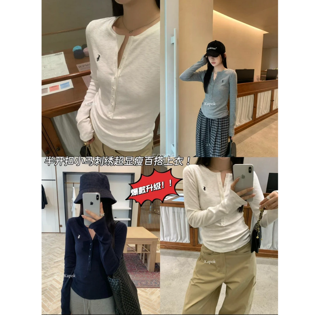 J-25660#韩系百搭小马刺绣超显瘦长袖上衣