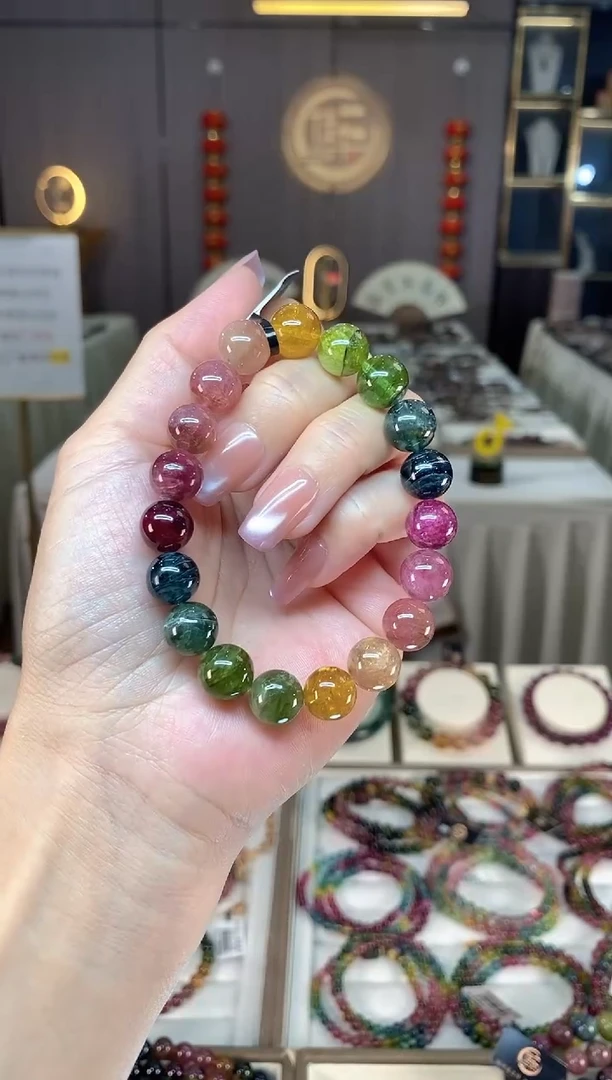 未镶嵌冰透体老矿碧玺彩虹单圈手串10mm+碧玺hon多样性发一条