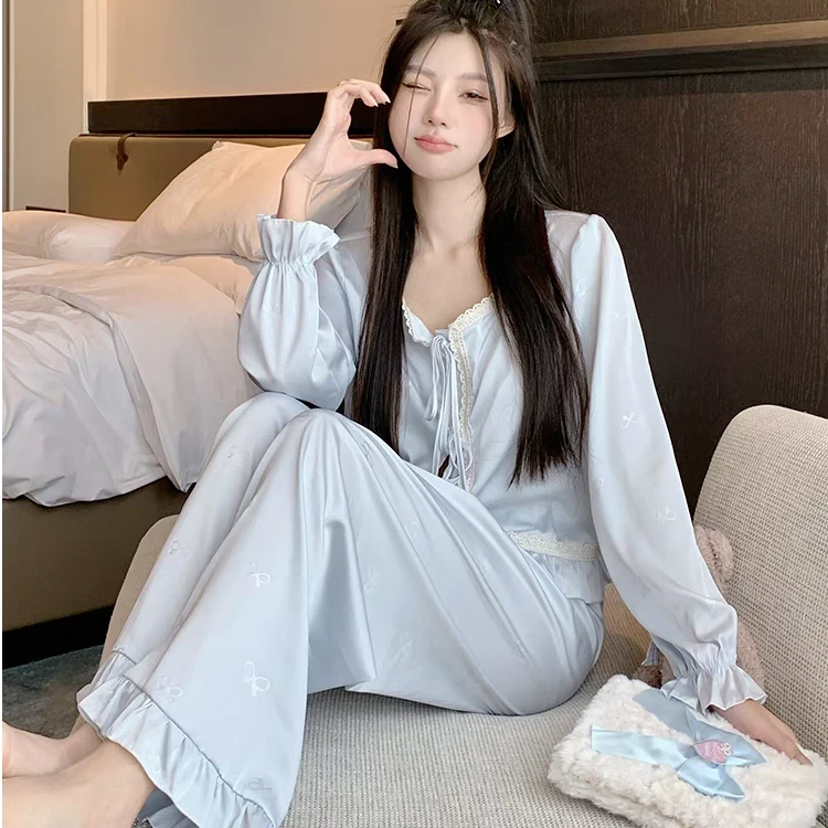 小七推荐H长袖春秋季公主风甜美薄款性感冰雪丝睡衣家居服
