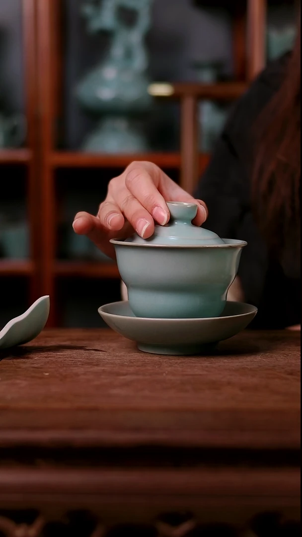 盖碗陶青霁汝窑仿古釉   微瑕