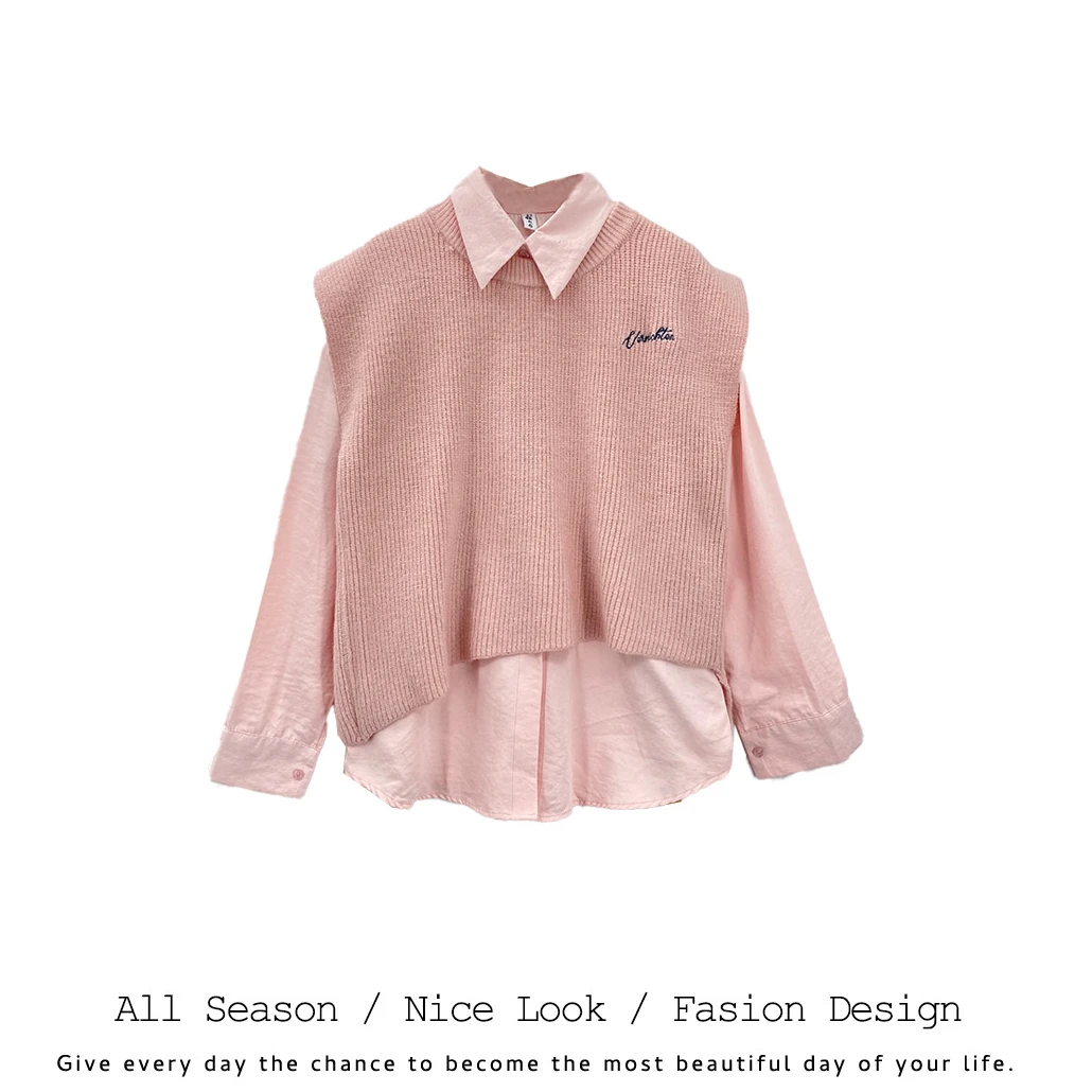 931      时尚小清新休闲百搭衬衫毛衣两件套装        款号#2235