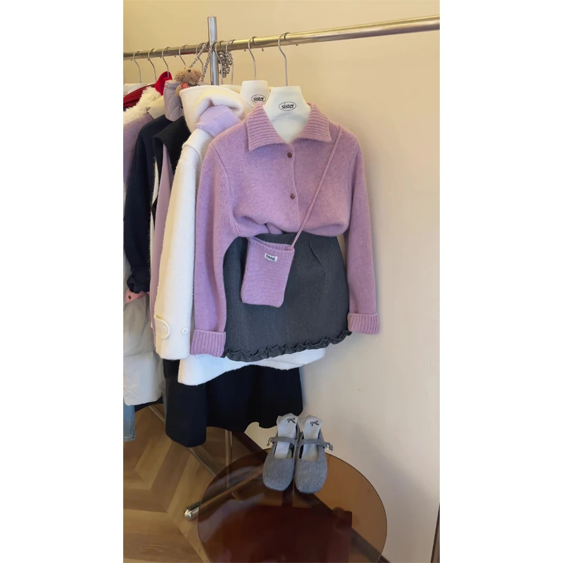 紫色polo针织开衫上衣慵懒翻领毛衣外套花边包臀短裙a字显瘦裙子