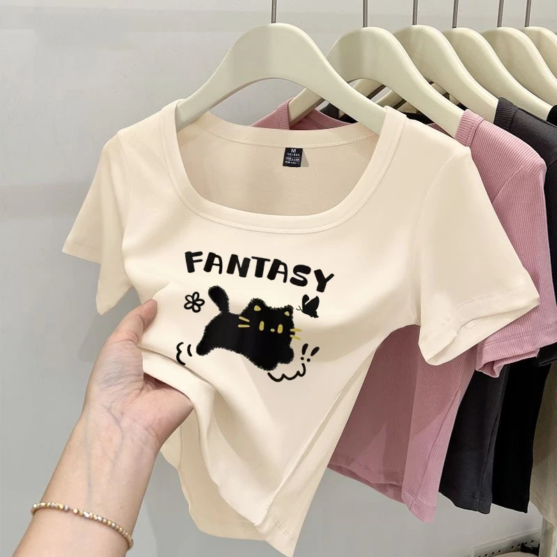 正肩方领T恤女夏季显瘦设计感小个短款修身短袖露脐小众体恤上衣