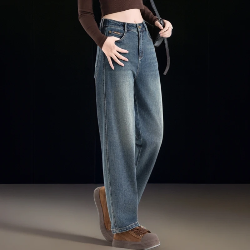 蓝色牛仔裤女小众炸街高级感女装秋季高腰做旧休闲宽松直筒九分裤
