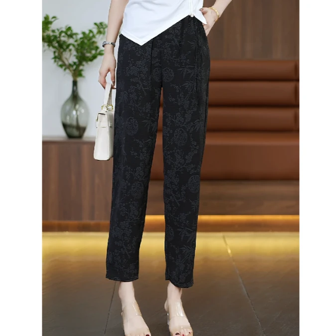 2025夏季妈妈裤子夏季薄款提花时尚松紧高腰宽松休闲显瘦九分裤