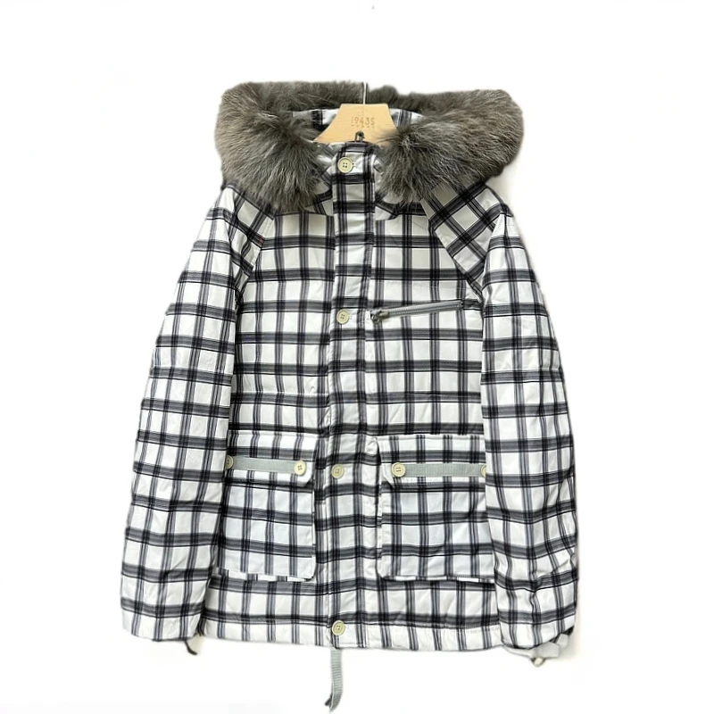 复古格子白鸭绒羽绒服貉子毛领下摆可调节连帽短款男士外套25668
