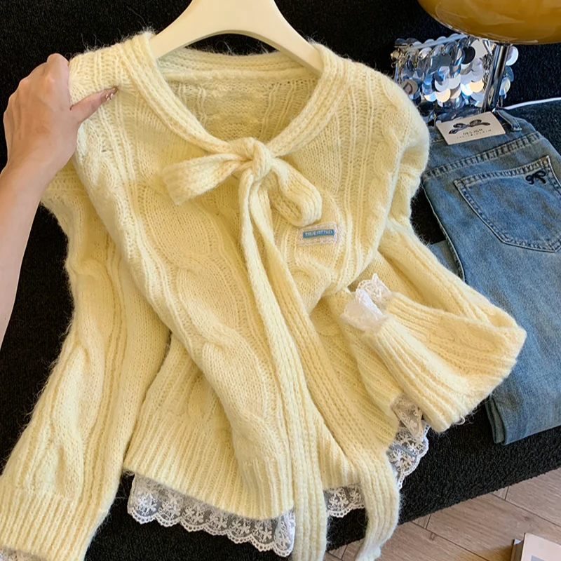软糯慵懒风蕾丝拼接毛衣女装秋冬2025新款高级感蝴蝶结系带针织衫