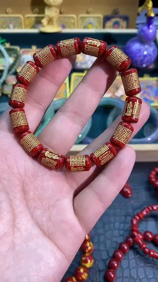 天然辰砂心j桶珠手链10