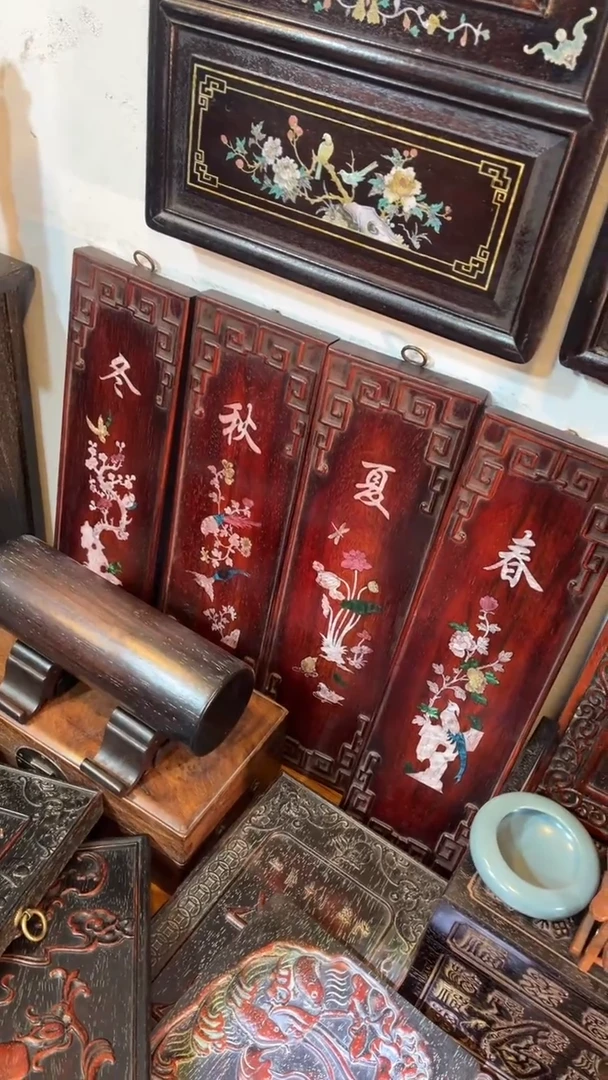 非洲紫檀（红花梨）50x58cm四条屏春夏秋冬