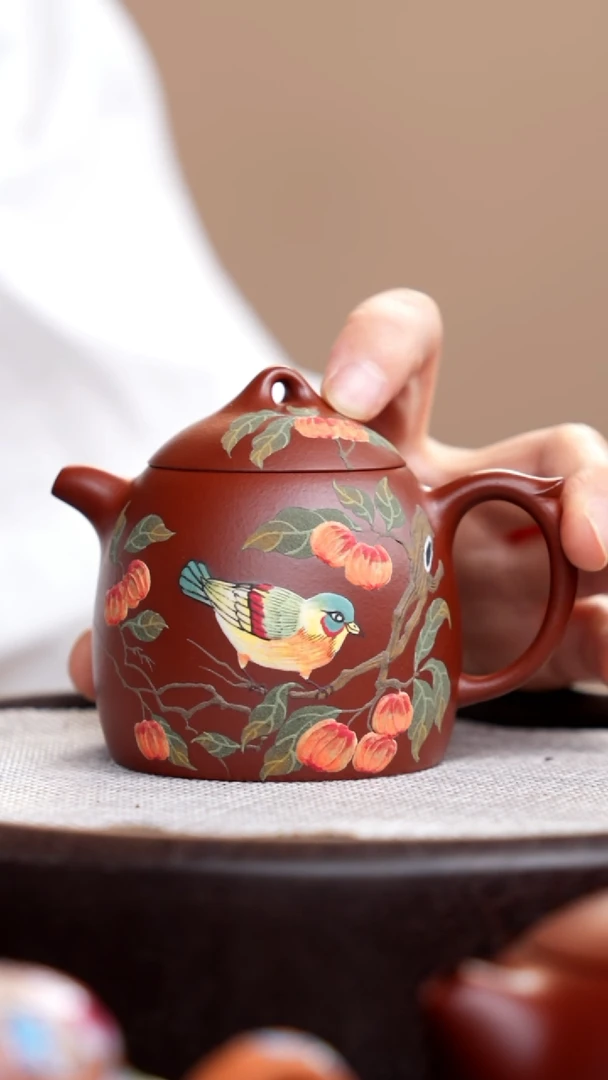 茶壶紫砂朱泥秦权泥绘柿子鸟