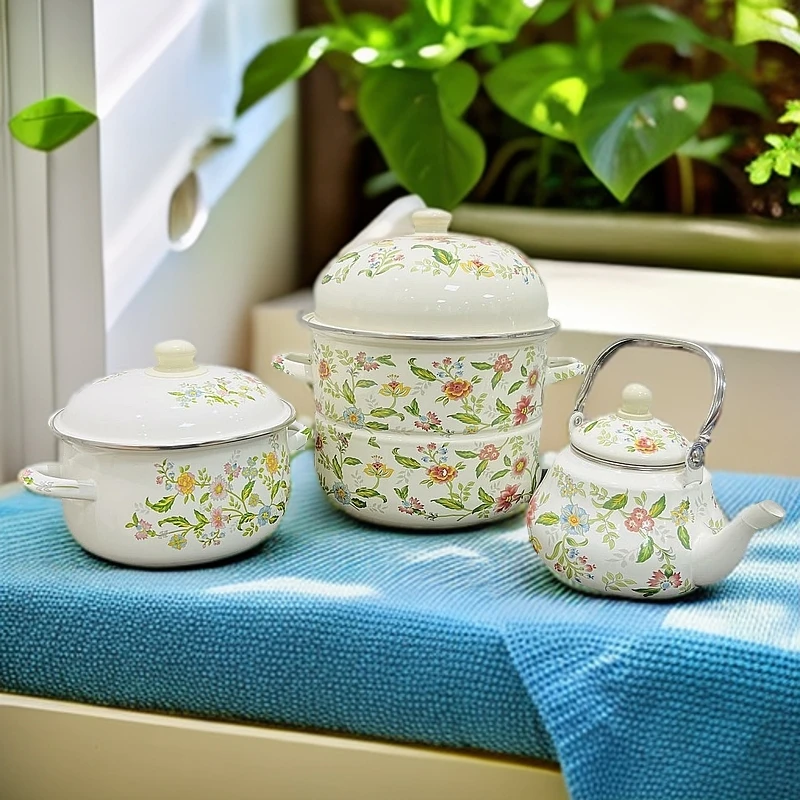 新疆包邮 芳香三件套26cm 蒸锅 20cm 菜锅 1.5L茶壶 好看家用搪瓷