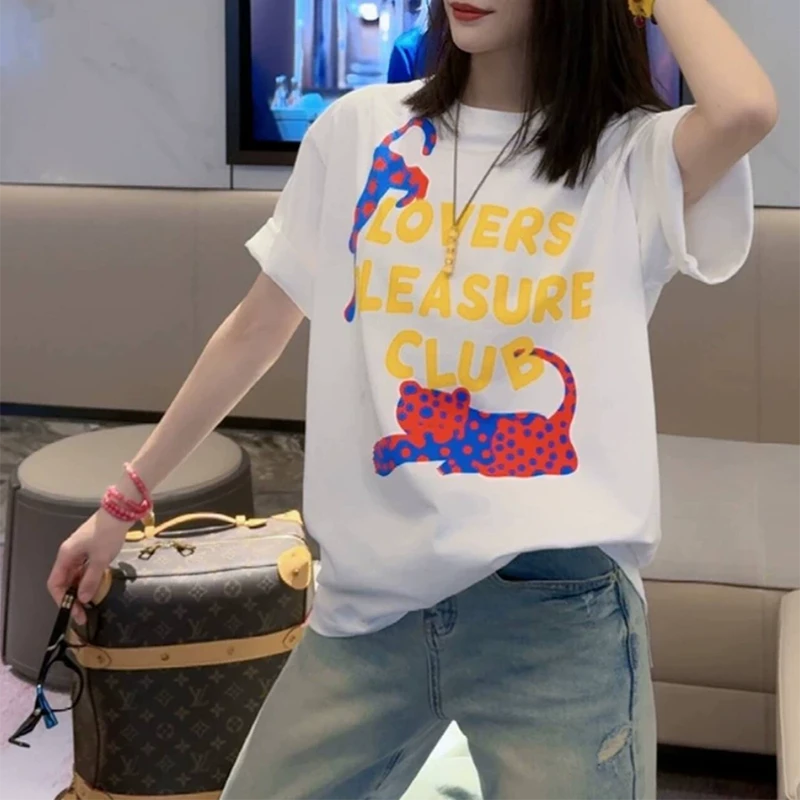 50233#印花长款T恤微胖小个子t恤半袖时尚圆领卡通夏装休闲