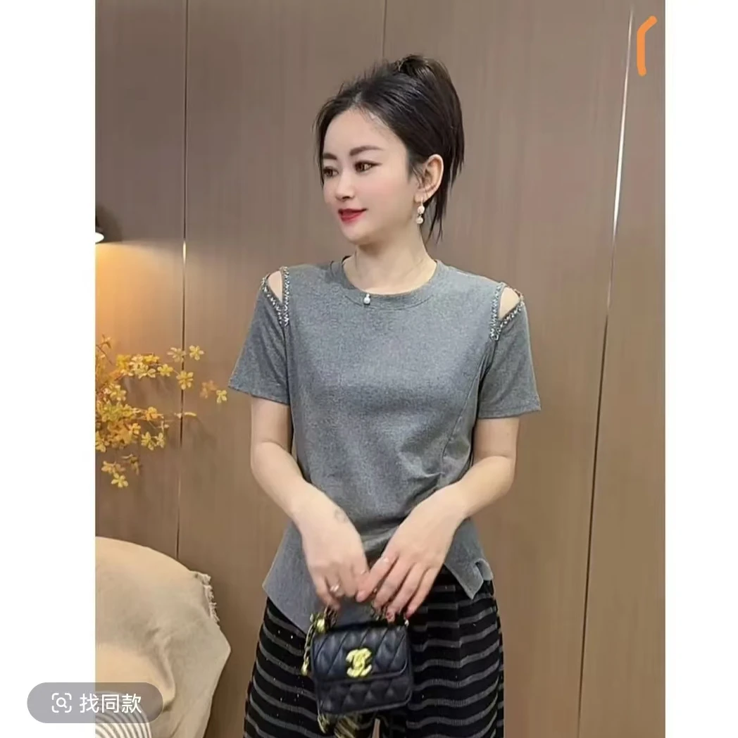 【3152】2025新品气质休闲弹力钉珠短袖遮肚子开叉时尚百搭上衣