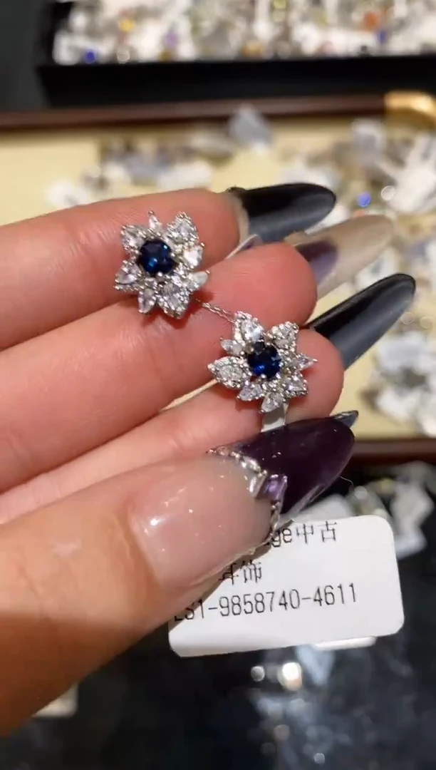 耳饰蓝宝石银S925镶嵌楚楚珠宝中古甄选不退换