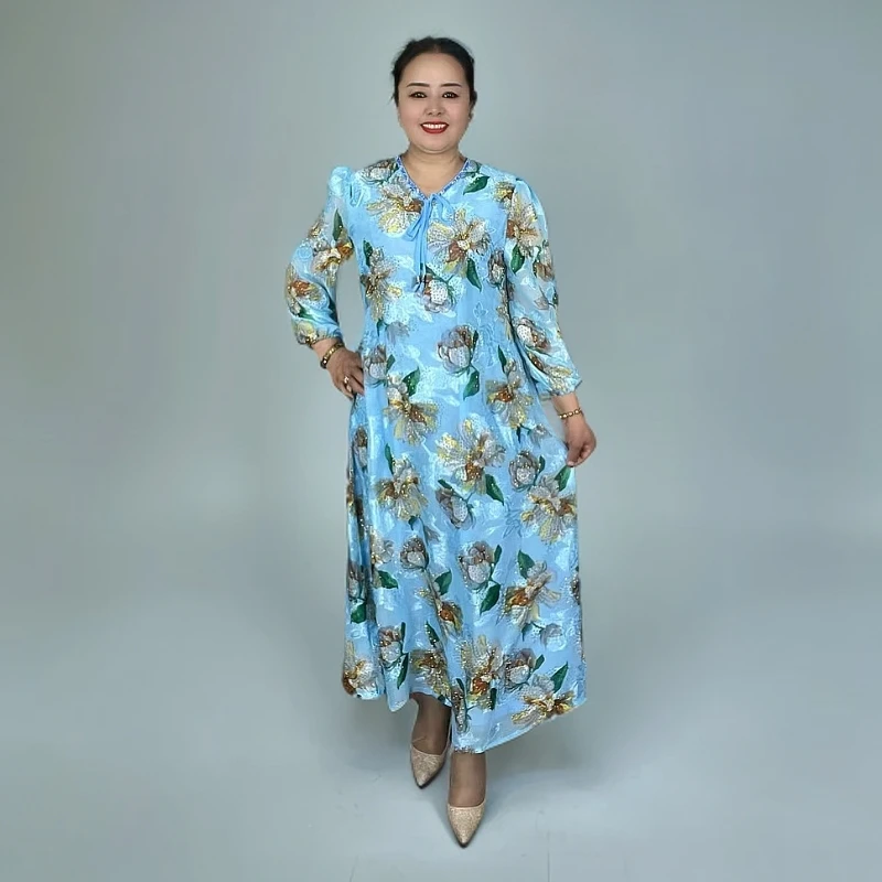 2025年新款大码女装碎花气质长袖蓝色女士复古国风印花优雅设计师