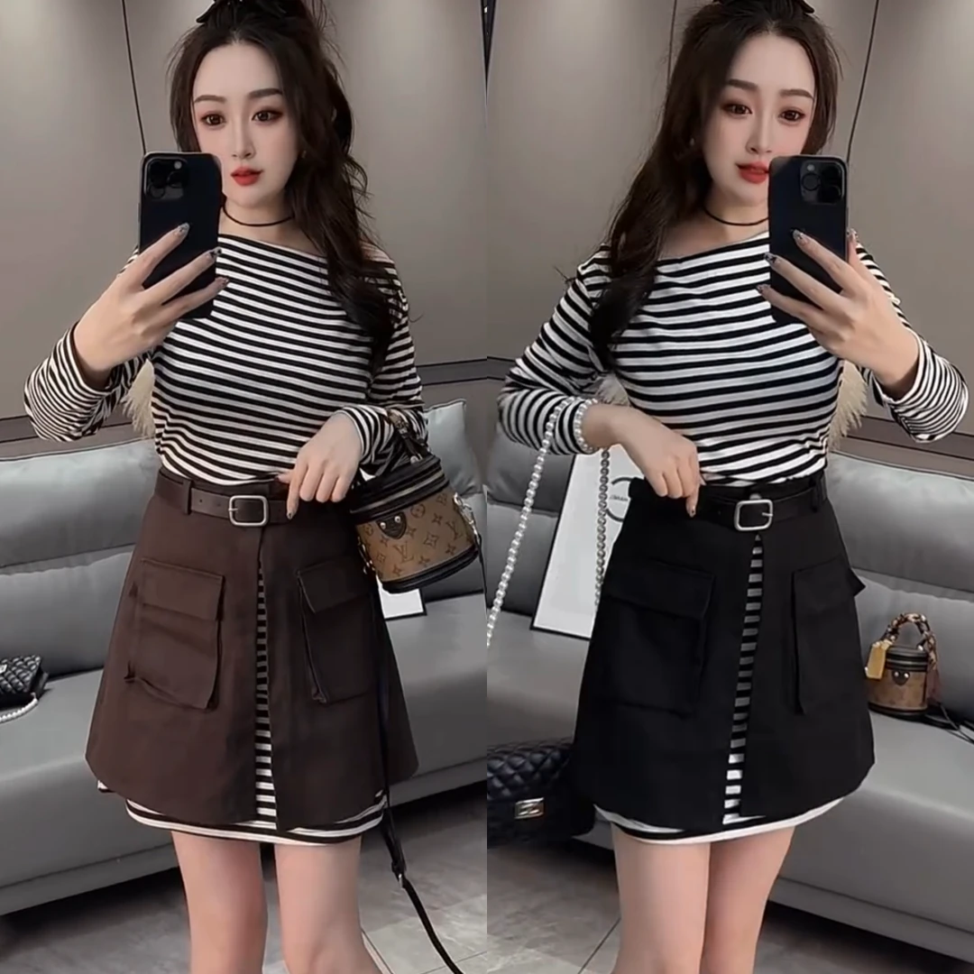 2025秋季新款时尚斜领露肩洋气长袖T恤修身显瘦条纹上衣时尚短裙