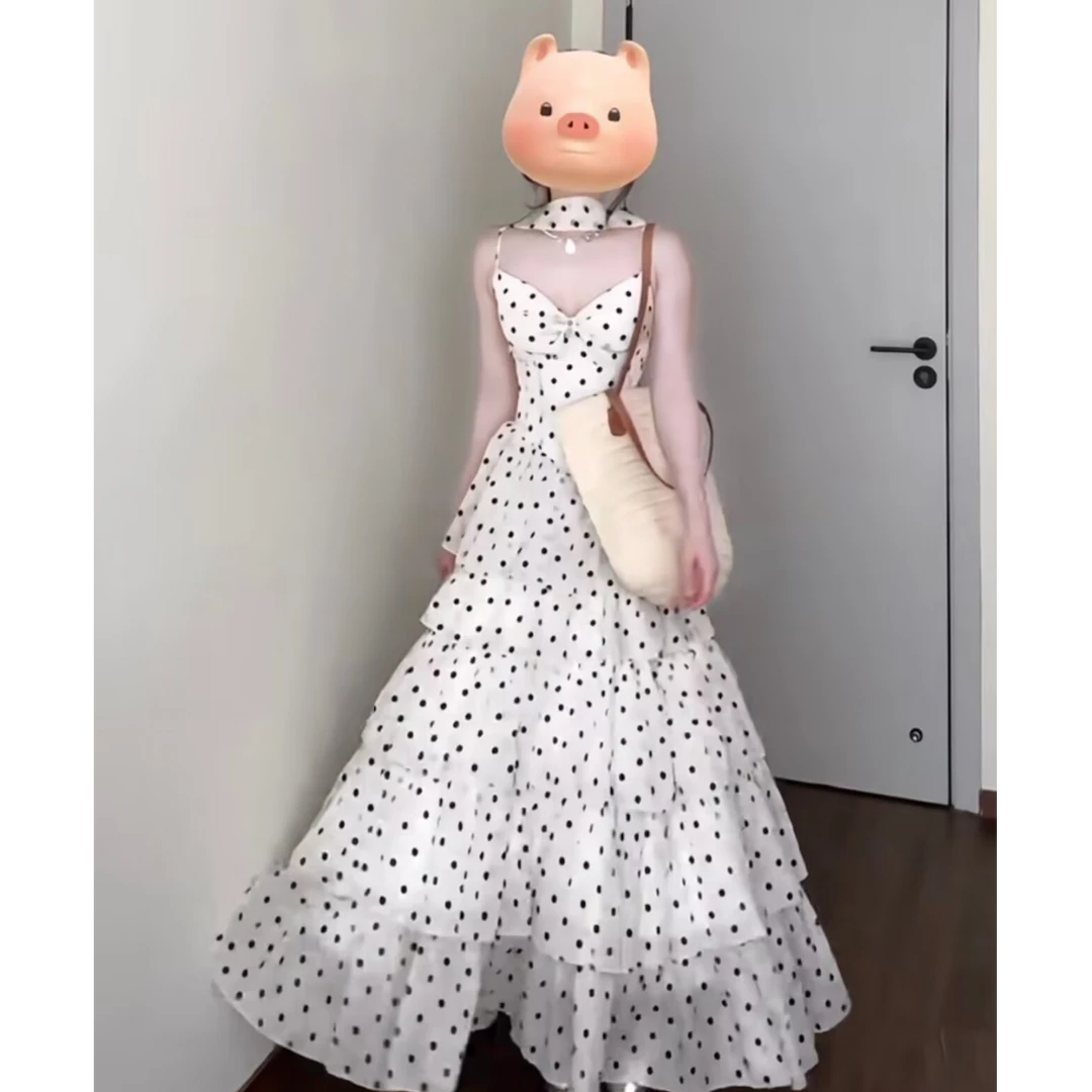 大码法式度假温柔波点收腰显瘦时尚吊带连衣裙A字无袖长裙蛋糕裙