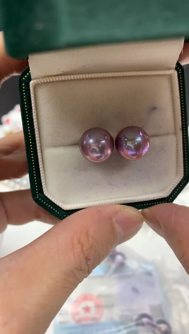 铂Pt950镶嵌ff淡水珍珠紫珠耳饰11~12mm