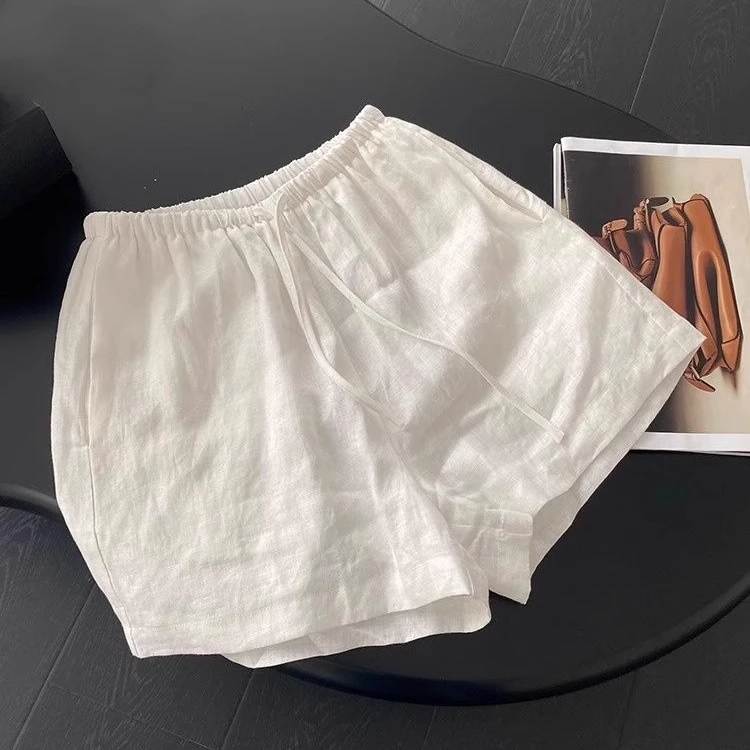 白色亚麻短裤女夏季2025新款小个子宽松松紧腰a字休闲棉麻阔腿裤
