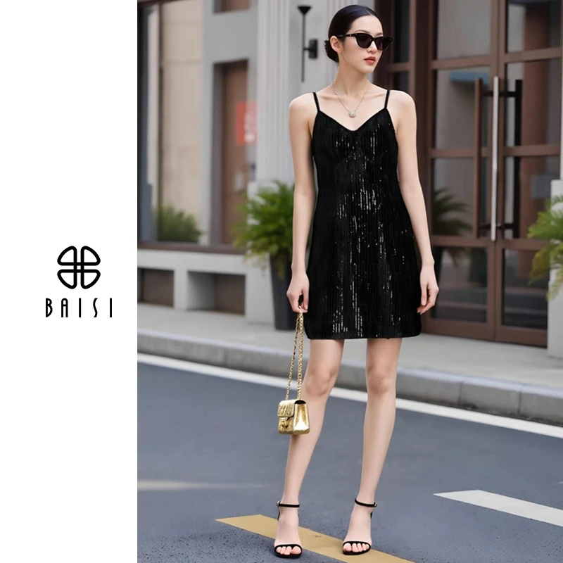 BAISI/百丝法式设计师款秋季性感流苏亮片纯色气质长款吊带连身裙