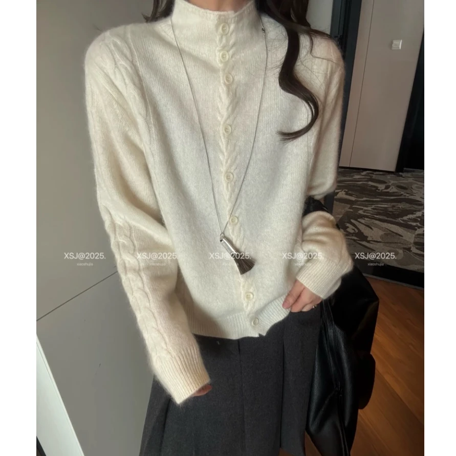 3611【立领跟色扣麻花开衫】秋冬新款宽松毛衣外穿女士气质上衣
