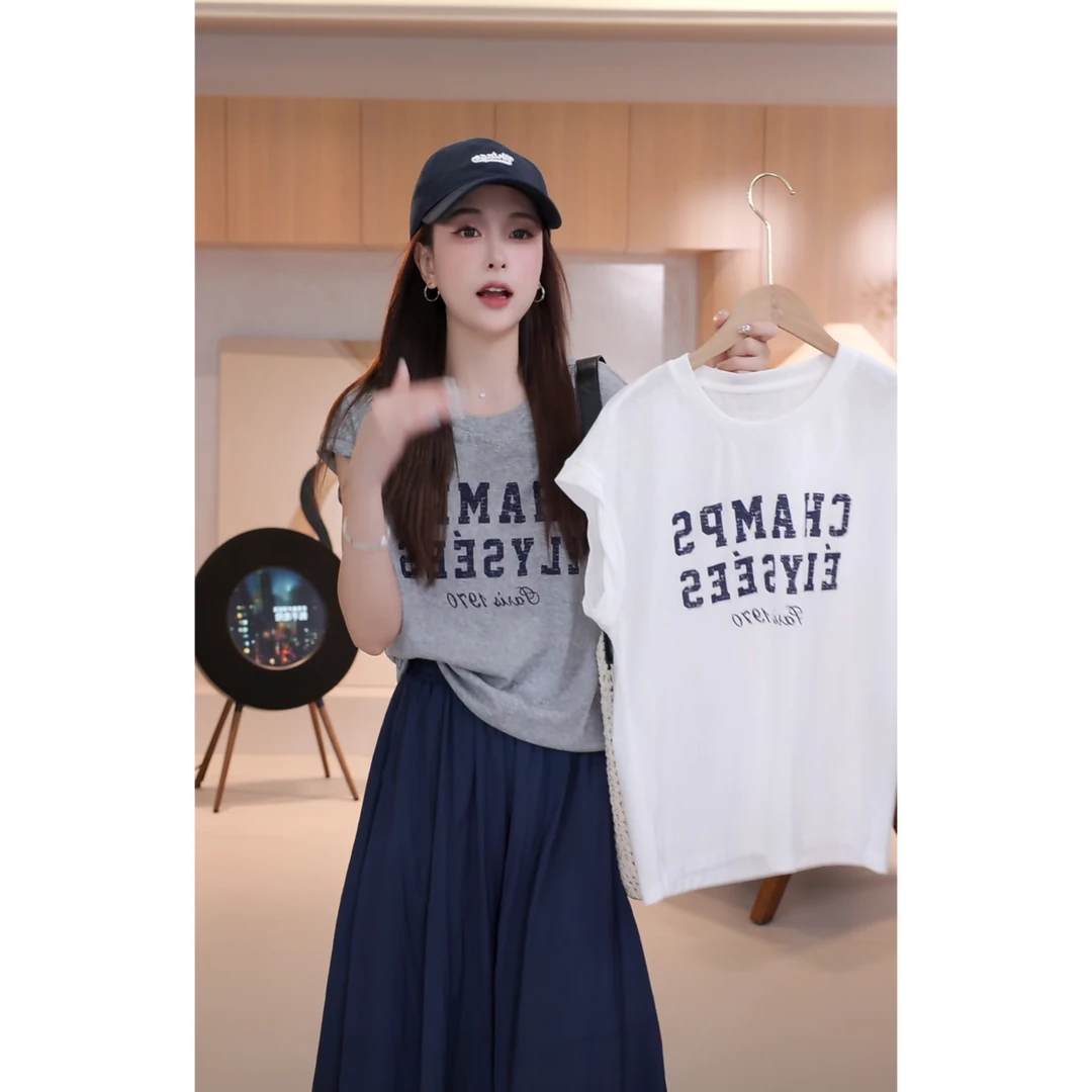 C04064时尚宽松设计感小个子百搭圆领字母印花T恤