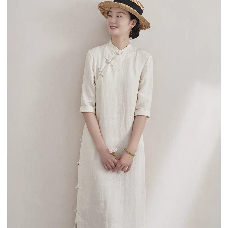 外贸出口专柜春夏新款七分袖连衣裙棉麻提花改良旗袍禅意茶服长裙