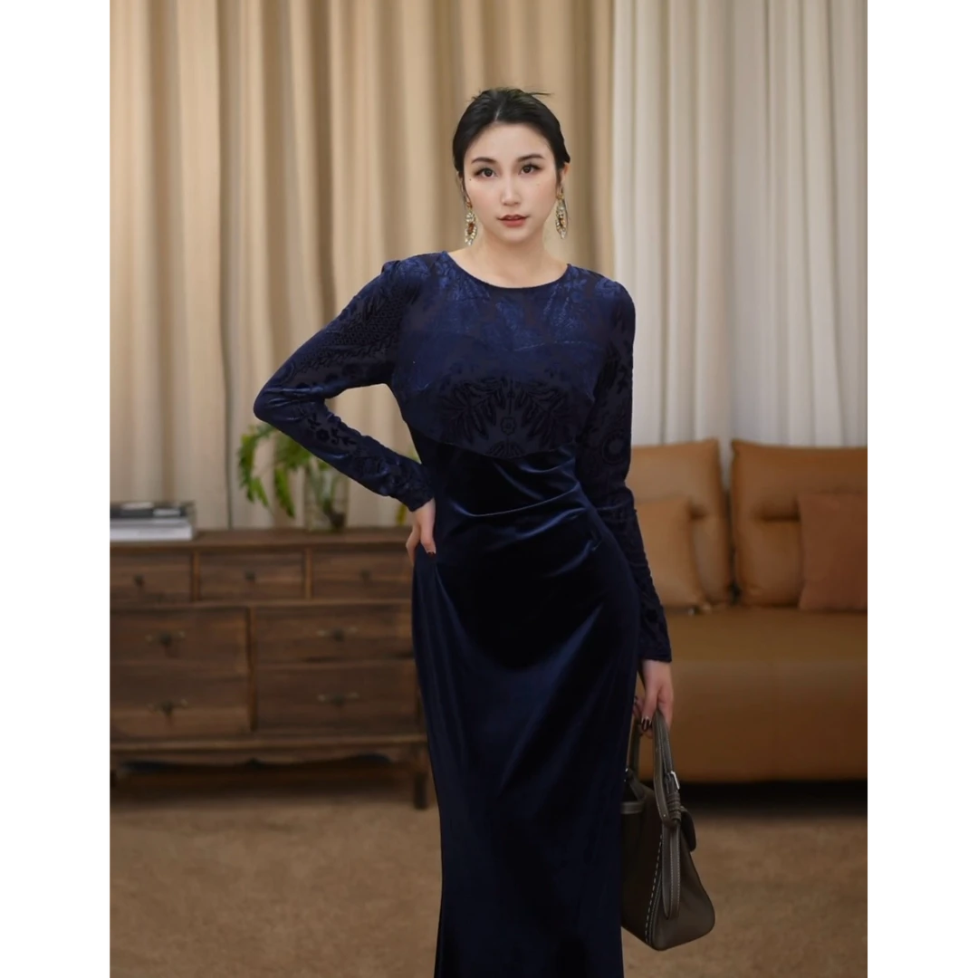 【金穗】高雅秘韵 秋冬新款轻奢显瘦长袖蕾丝优雅修身连衣裙-SW0041