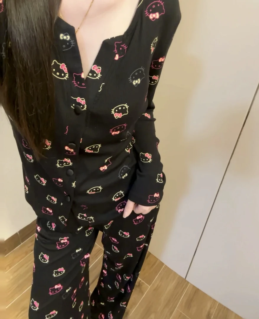 韩版少女暗黑KT猫卡通开衫莫代尔睡衣女春夏2025时尚可外穿家居服
