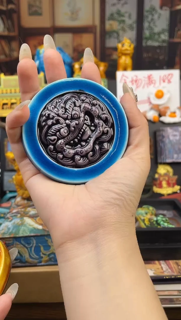 手工艺品琉璃琉璃蓝紫瓦当孤品