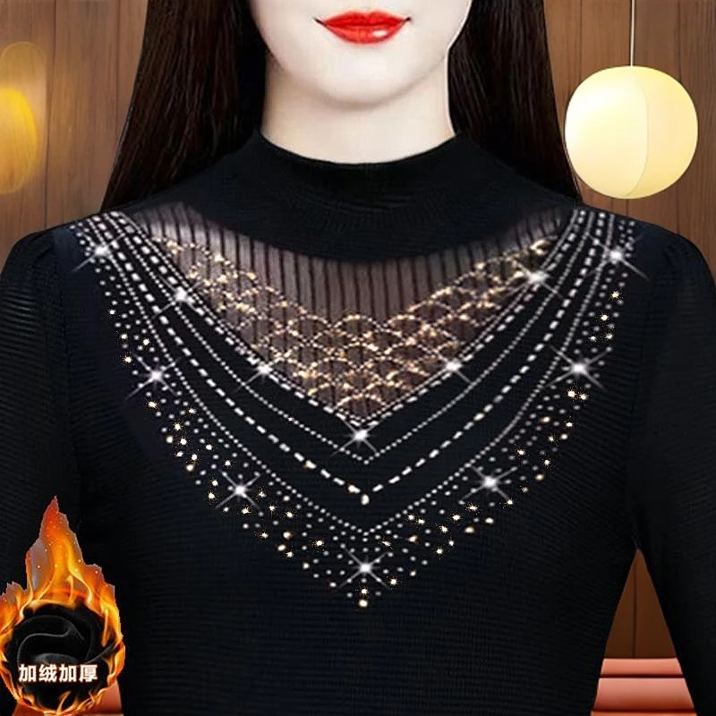 【多款】冬季加绒烫钻黑色网纱打底衫长袖胖mm大码加厚保暖内搭上衣