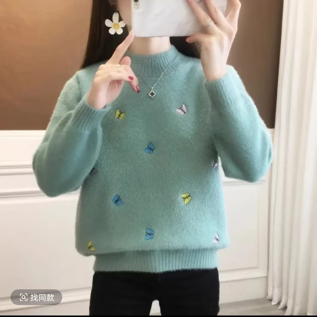 【蝴蝶刺绣圆领】新款气质复古时尚温柔百搭长袖针织衫2015