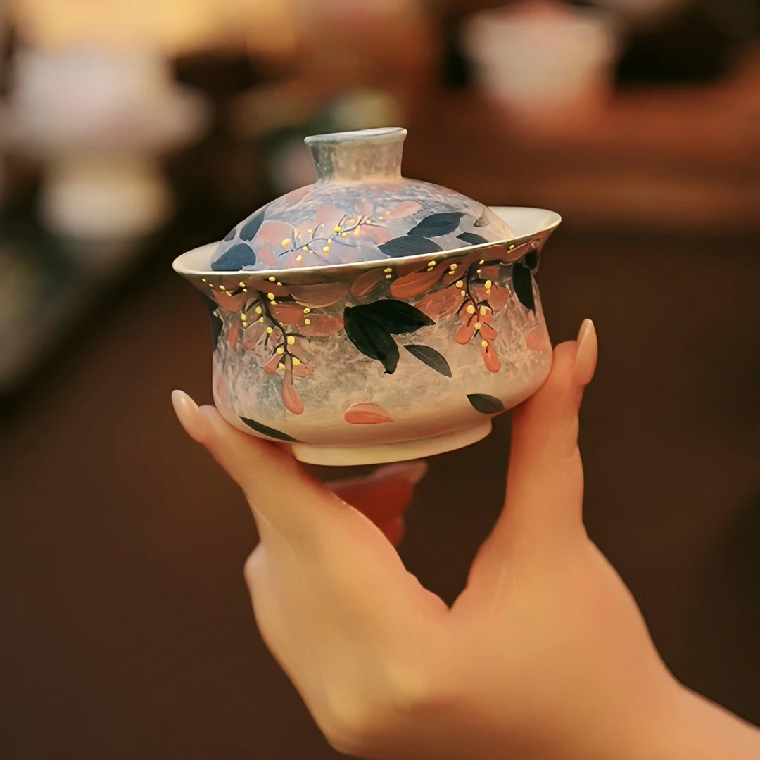 紫烟全手绘釉下彩女士精致优雅陶瓷茶具布袋盖碗（满容150ml）