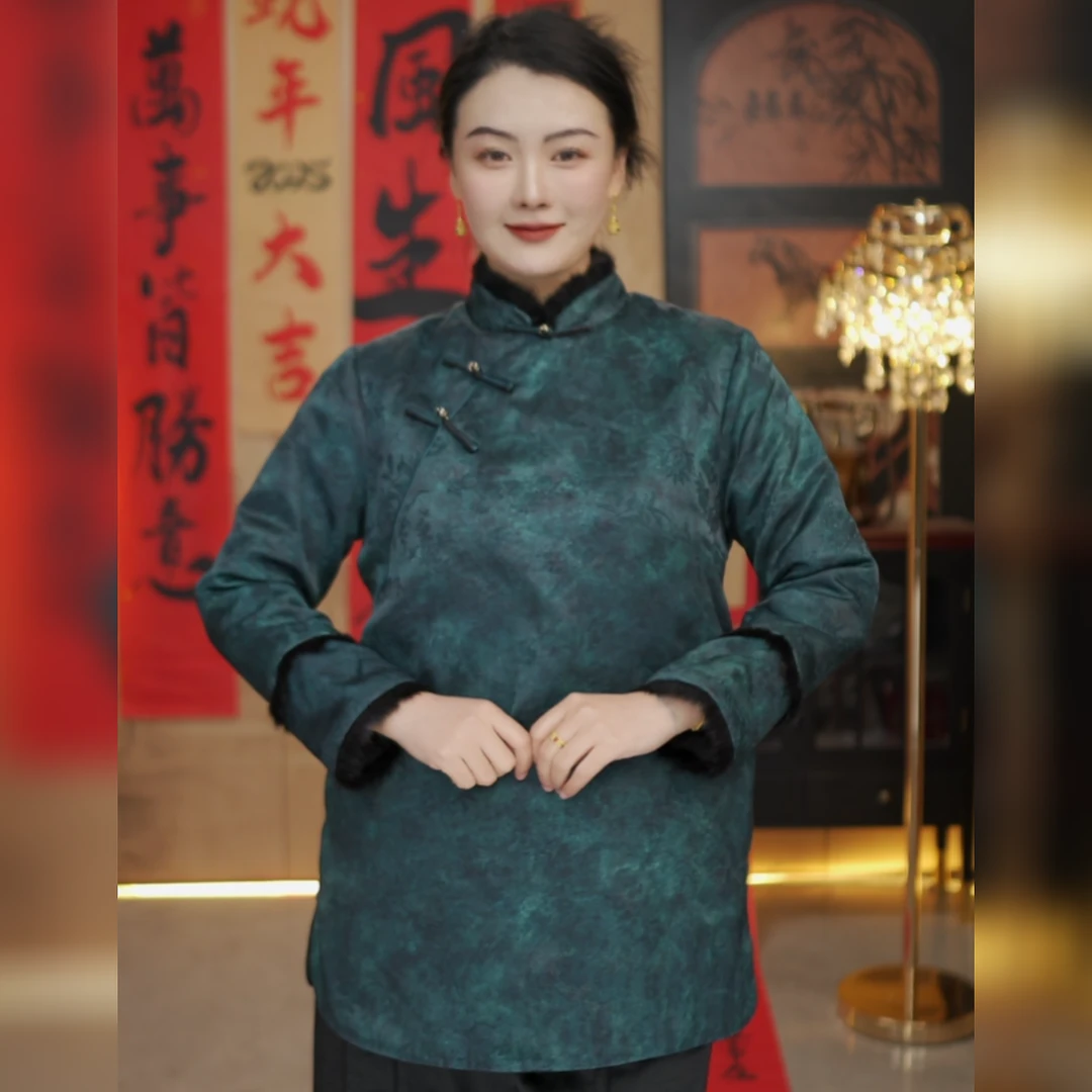 斜襟圆领厚款长袖立领薄款上衣加厚加绒提花网红国风棉服ins