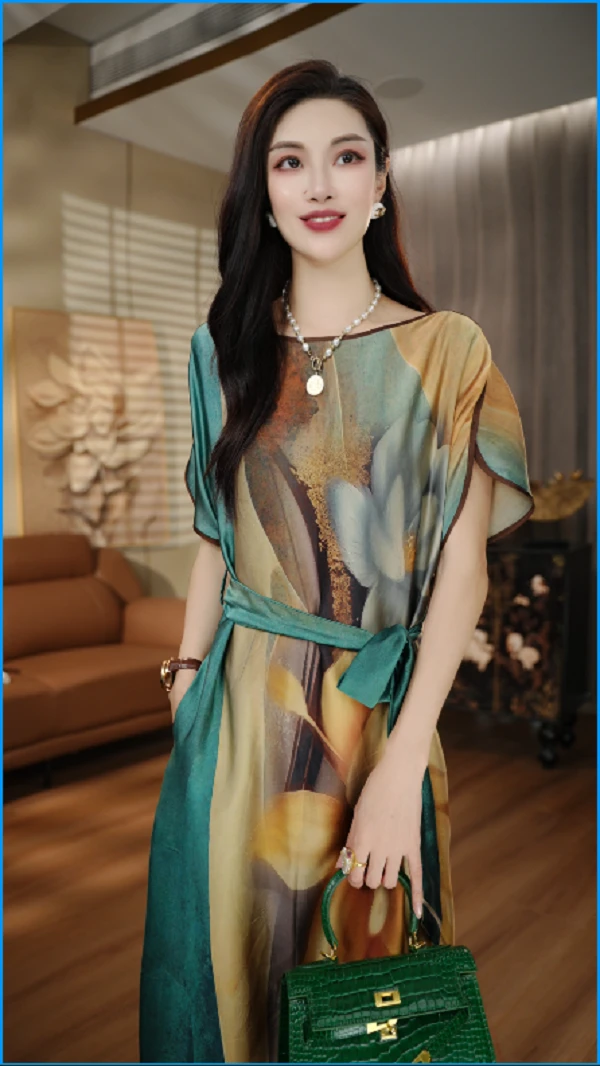 国颐 琉璃冰感丝连衣裙轻奢优雅洋气减龄时尚百搭显瘦V25L326