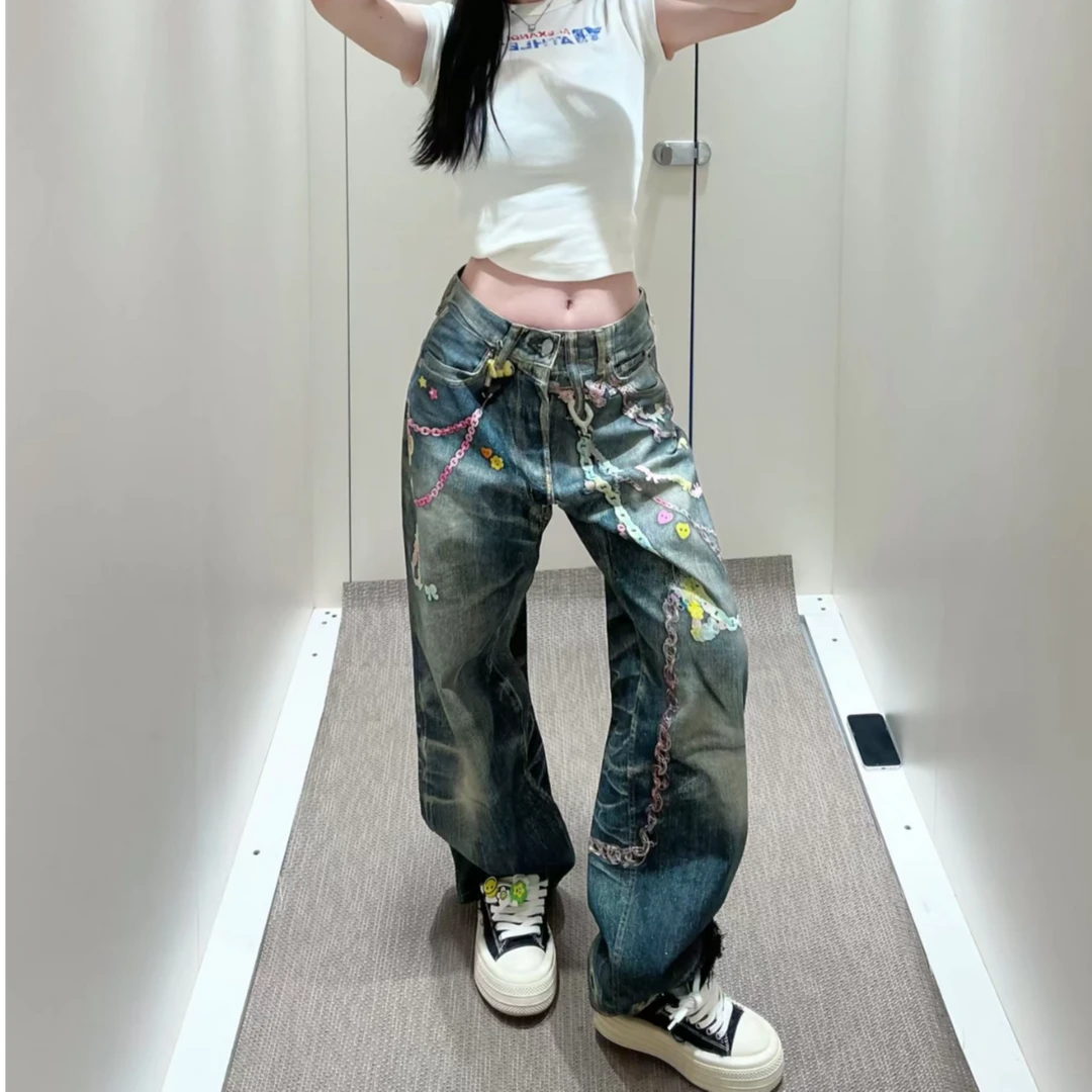 jennie明星同款正确版高街牛仔裤3D糖果裤爆款弯刀裤