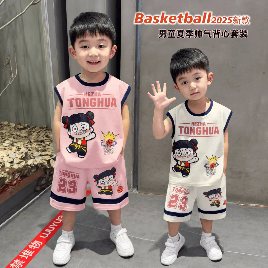 男童夏季背心套装2025新款儿童洋气小男孩时髦卡通两件套哪吒衣服