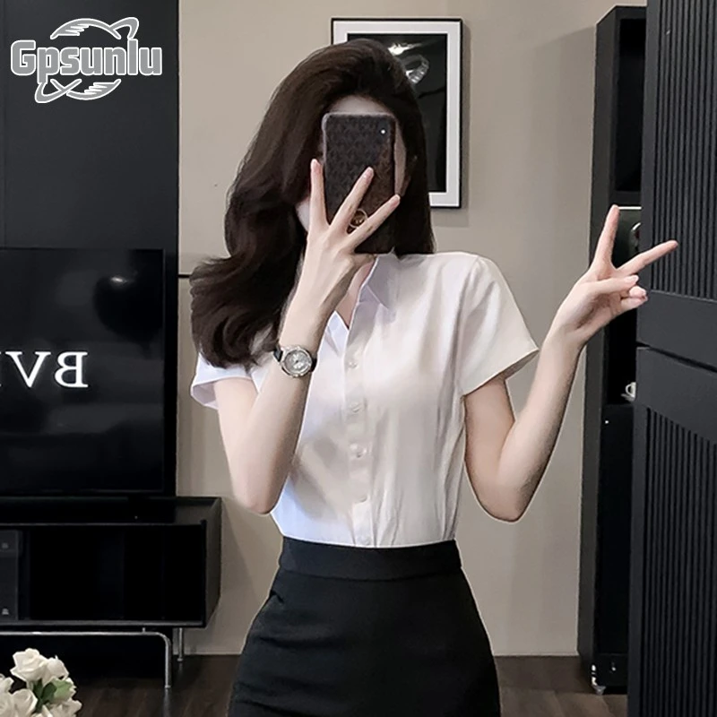 gpsunlu职业衬衫女新款夏免烫不透领白衬衣上班面女免烫方领女