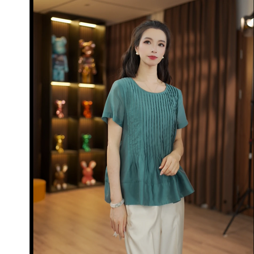 夏季休闲气质时尚圆领手工风琴褶T恤小衫24624