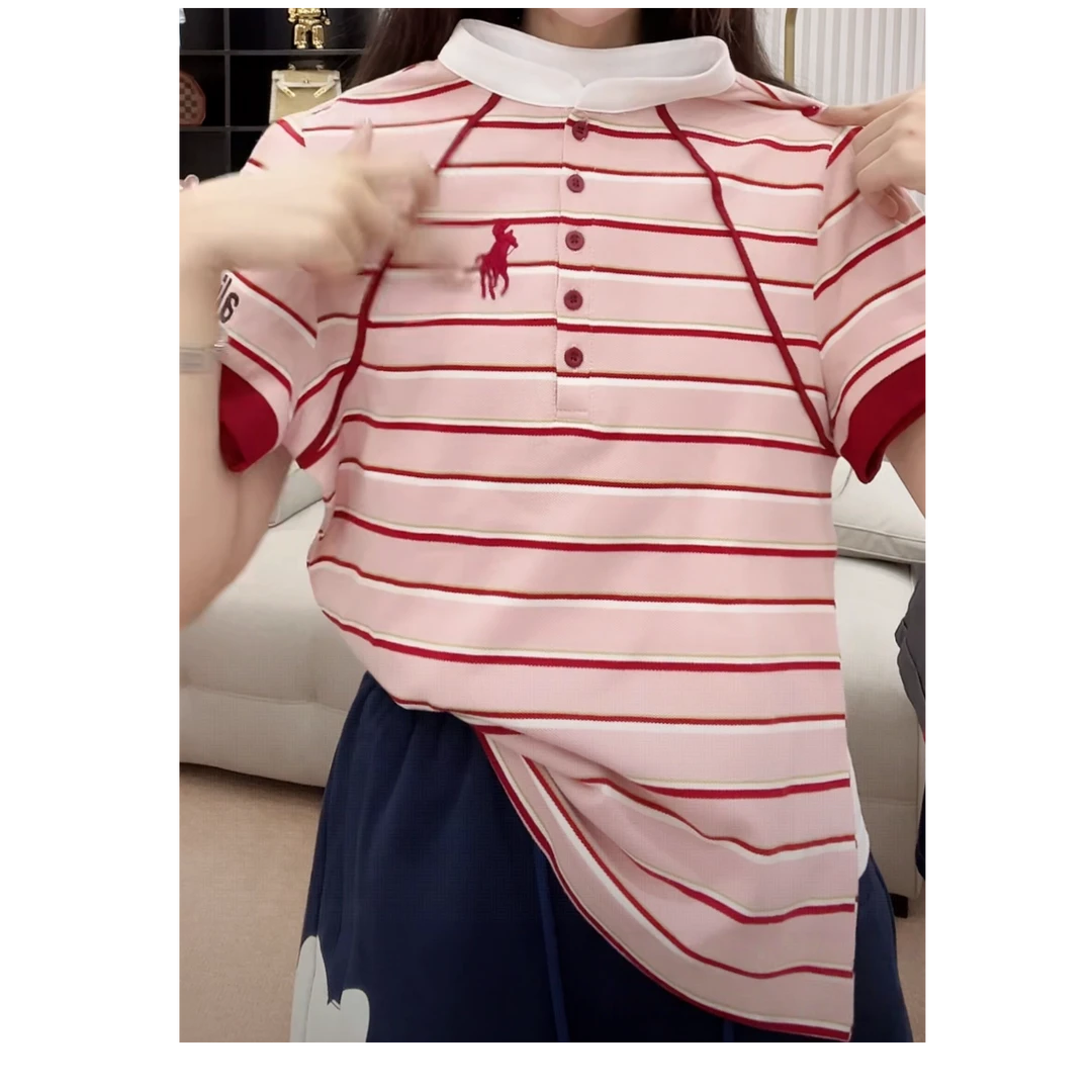 设计感撞色条纹简约显瘦女短袖上衣2025春夏新款时尚修身百搭t恤