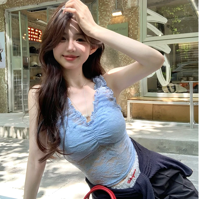 实拍 性感辣妹纯欲V领修身显瘦蕾丝内搭吊带背心带胸垫短款打底