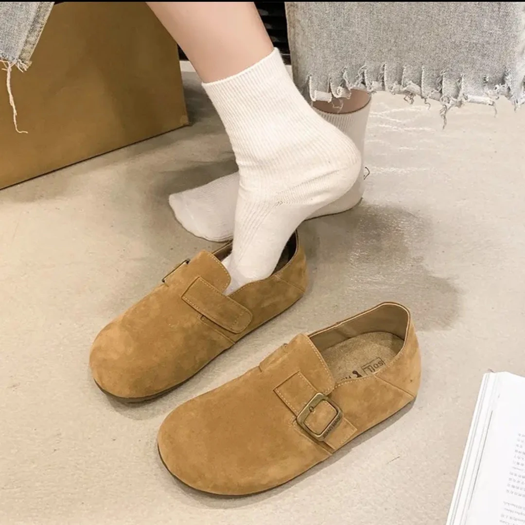 满跟厚底真皮勃肯鞋女2025春秋新款毛毛包头半拖鞋外穿一脚蹬鞋子