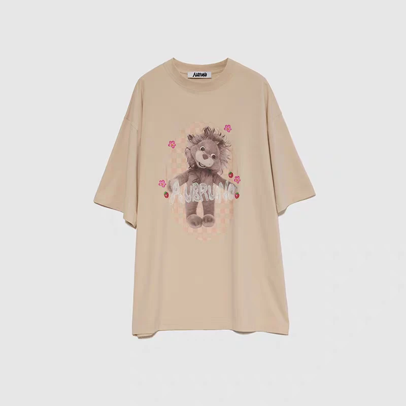 AUBRUINO原创设计2025夏季新款可爱甜美小莎彩钻印花休闲宽松T恤