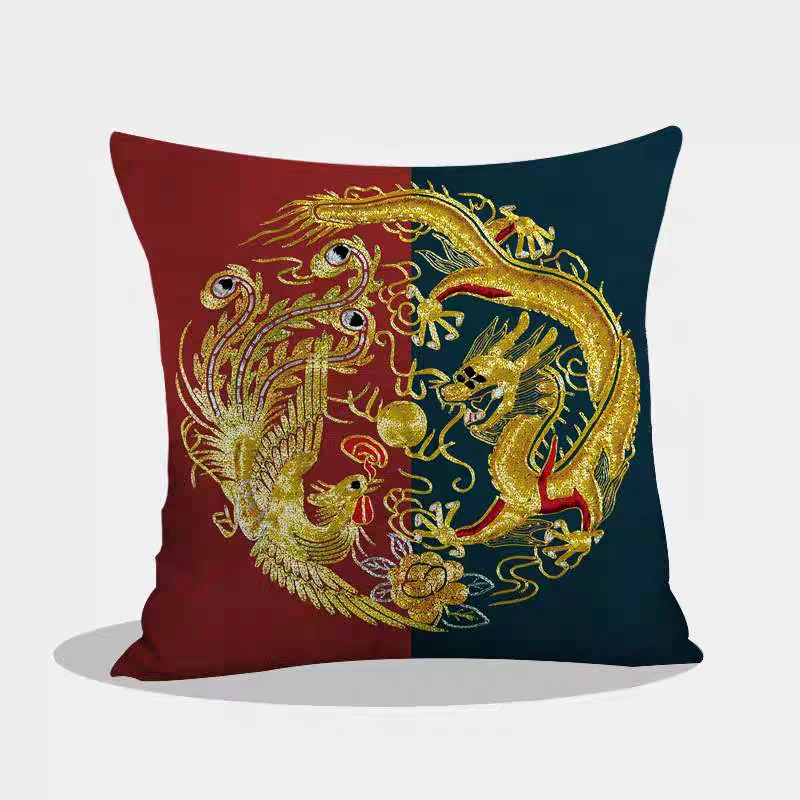 欧美兰龙凤呈祥十字绣抱枕套中国风客厅沙发靠枕手工自己绣