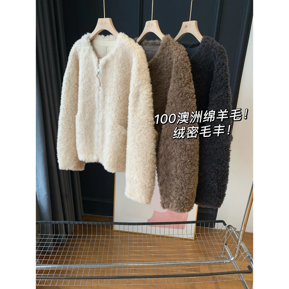 100绵羊毛！真皮毛一体短外套！保暖显瘦毛绒厚外套女上衣冬新25