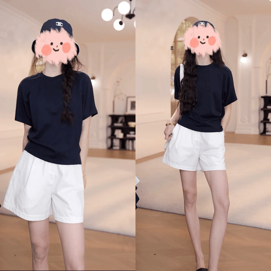 夏季显瘦藏蓝色短袖日常休闲高腰短裤两件套套装上衣外穿女装