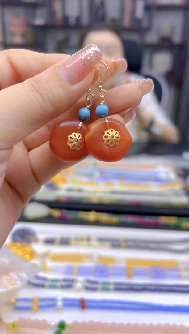 14K金镶嵌蜜蜡耳饰DIY款E65