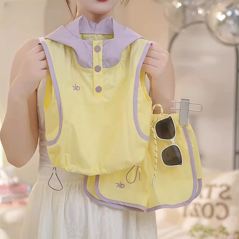 女童拼色连帽无袖短裤套装2025夏季字母背心工装短裤速干运动坎肩