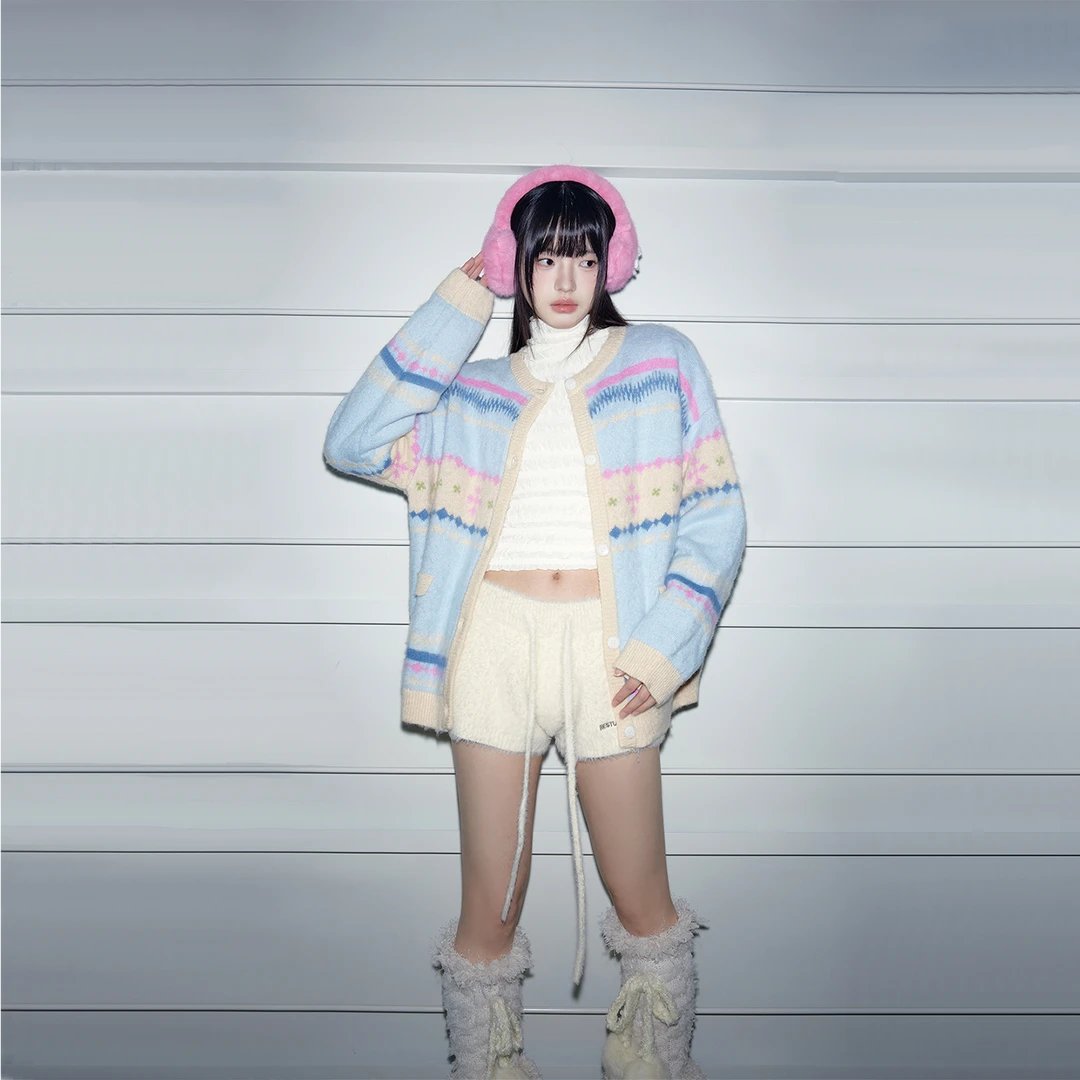 FPMZ【官方】费尔岛针织衫毛衣撞色百搭外套圆领开衫甜美长袖外套