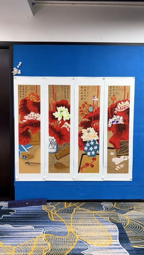 【闪购商品】国画张巨富  红荷四条屏